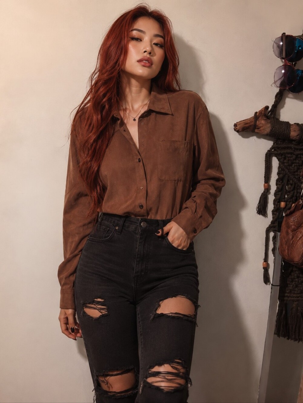 Fake Suede Brown Button-Up Shirt With Satin Lining Size Large